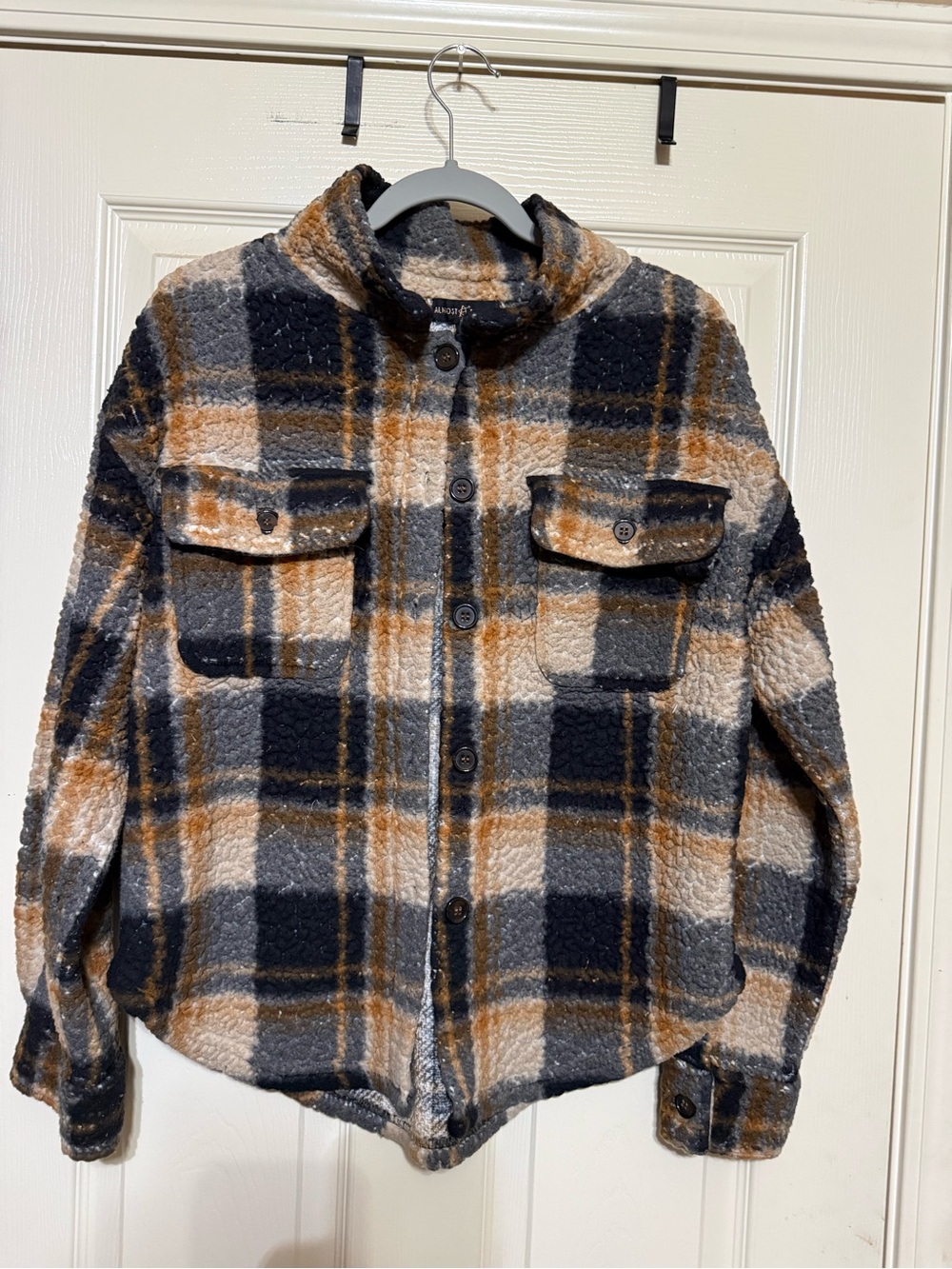 Almost Famous Kids Plaid Sherpa Shacket — Navy, Gray & Tan